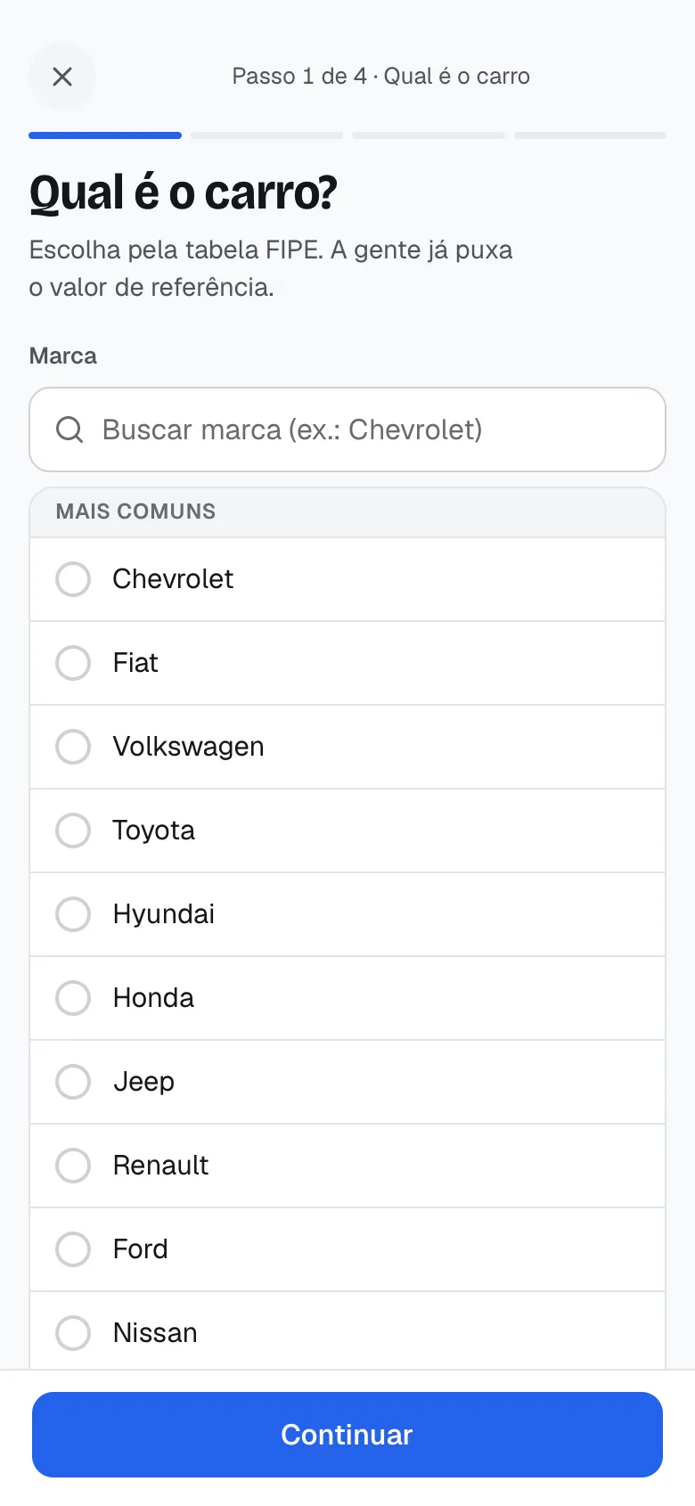 Passo 1 de 4 do cadastro: escolher a marca do carro