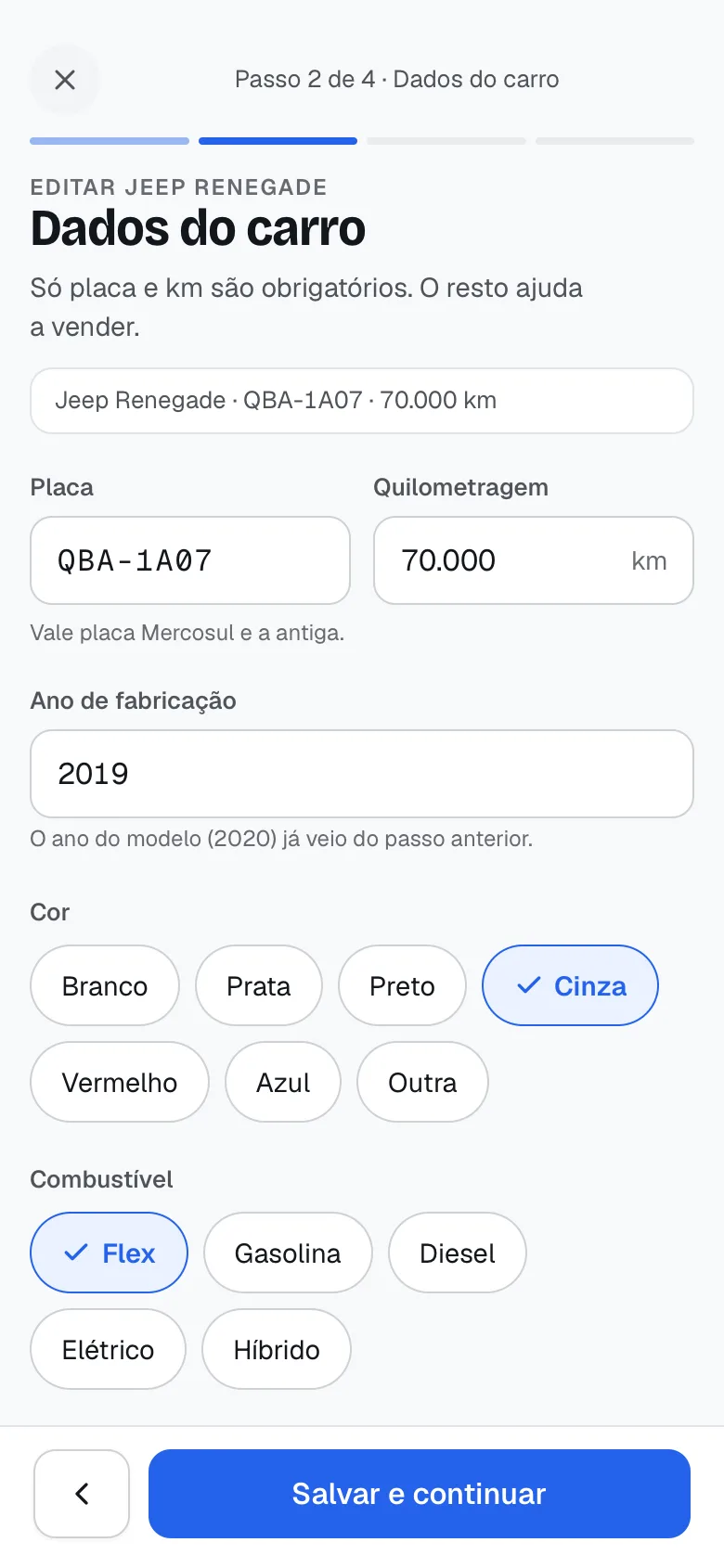 Passo 2 de 4: placa, quilometragem, cor e combustível do Jeep Renegade