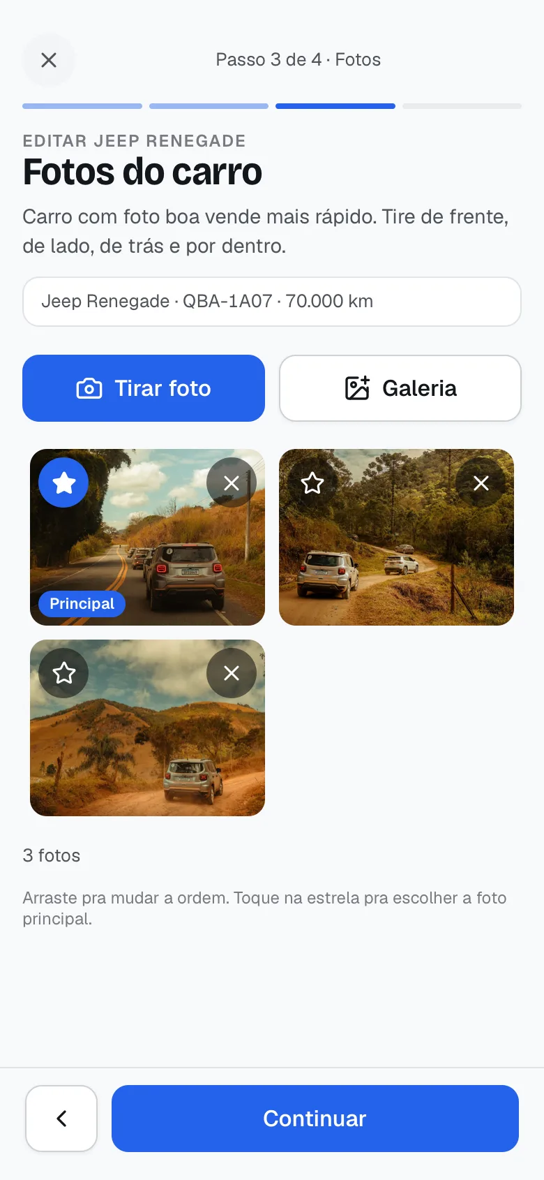 Passo 3 de 4: três fotos do carro, a primeira marcada como principal