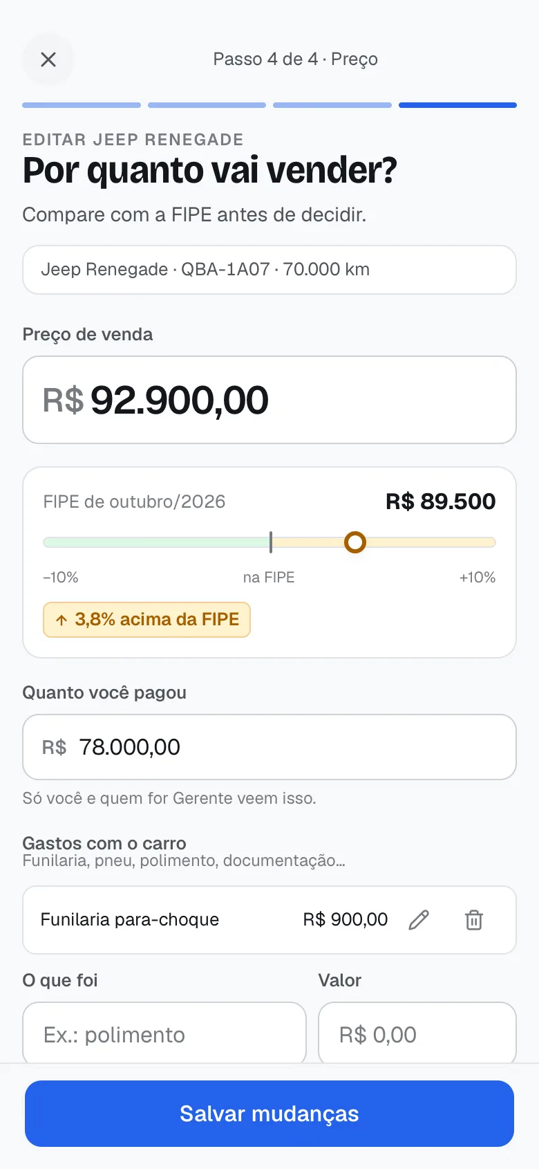 Passo 4 de 4: preço de venda de R$ 92.900 ao lado da FIPE de R$ 89.500